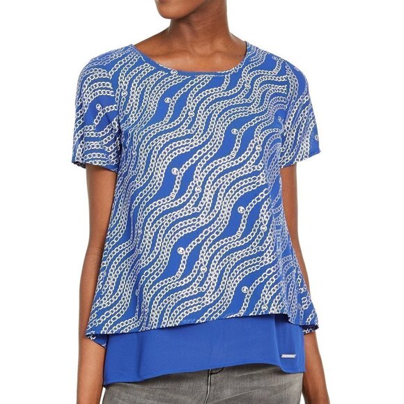 A135 Michael Kors Blue Chain Printed Blouse - PS - Picture 1 of 1